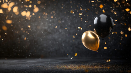 Floating black and gold balloons surrounded by golden sparkles and scattered confetti pieces on a subtly textured black background, ideal for invitations or greeting cards.