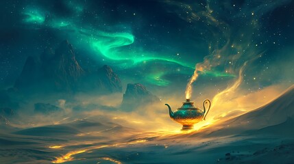 Fototapeta premium Enchanting Genie Lamp In A Mystical Desert Landscape