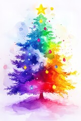 Obraz premium Vibrant watercolor christmas tree with multicolored lights and star topper for festive holiday decor. Watercolor illustartion. Vertical postcard