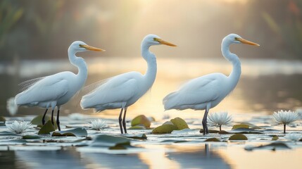 Naklejka premium Tranquil Scene of Three Elegant Egrets Standing on Lily Pads Amidst a Serene Water Landscape at Sunrise with Soft Morning Light