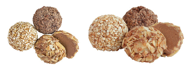 A variety of different truffles Isolated on a white background. Top view. Flat lay.