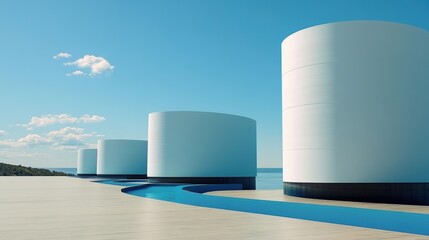 Large white industrial tanks overlooking the sea under blue sky