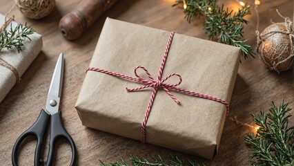 Cozy rustic gift wrapping with kraft paper red twine greenery scissors and twinkling lights