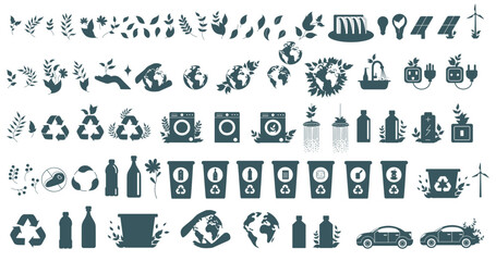 Silhouette set of eco-themed vector flat art illustrations. 