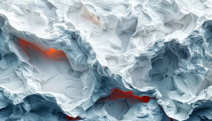 A white and red image of a rocky landscape with a red and orange glow