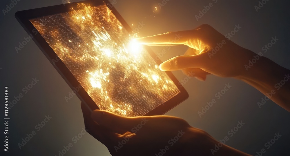 Poster Hands interacting with a glowing tablet screen, displaying abstract data.