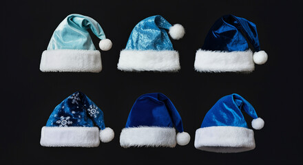 Santa hats in various colors and styles displayed for holiday celebrations and festive events