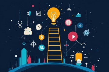 Creative concept of innovation with a ladder reaching toward a light bulb among various digital icons