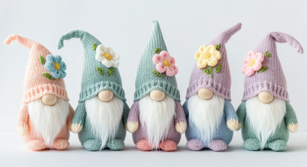 Gnomes in knitted outfits with flowers for cute decorations and home styling