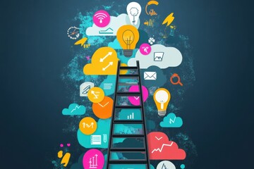 Creative concepts of innovation and technology intertwine with a ladder leading upwards