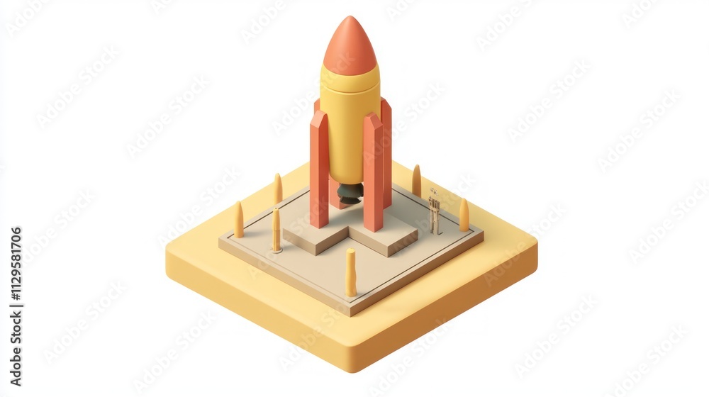 Poster isometric illustration of a rocket on a launchpad.