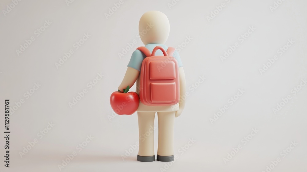 Aufkleber 3d render of student with backpack and apple.