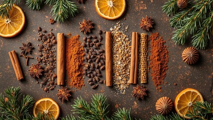 Festive Christmas spice flat lay on rustic table