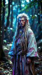 Fototapeta premium Forest Guardian: Mystic Warrior in Enchanted Woods with Flowing Silken Attire