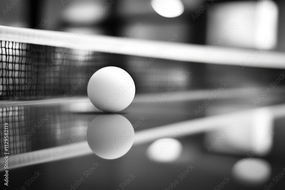 Poster Close-up of a ping pong ball on a reflective table, near the net.