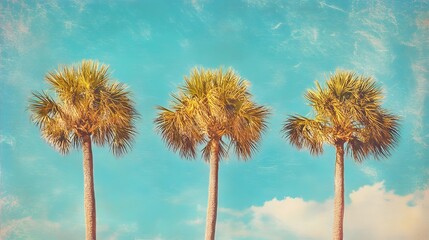 Obraz premium Low-angle shot of three palm trees, summer vibes, tropical background