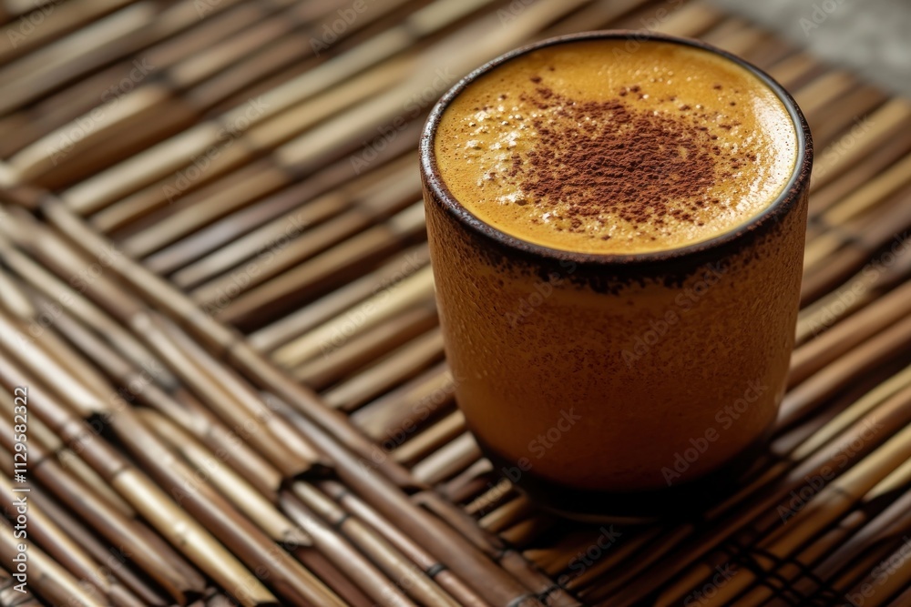 Poster close-up of a turmeric latte with cocoa powder on top, served in a rustic cup on a bamboo mat.