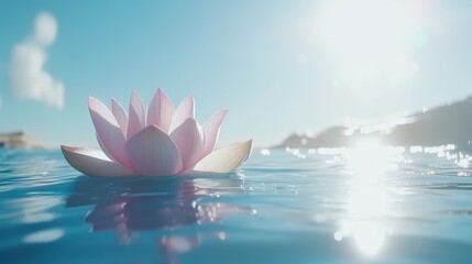 A serene pink lotus flower floats on calm water under a bright sky.