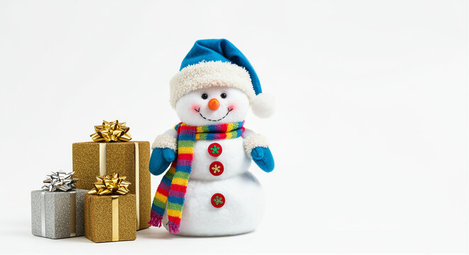 Snowman decoration with holiday gifts and colorful scarf for festive seasonal decor