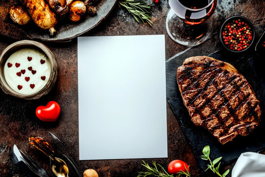 Valentine day restaurant menu mockup with romantic dinner setting for design and print. White poster on a wooden table with red hearts in steak house. Copy space. Template for menu, poster, banner