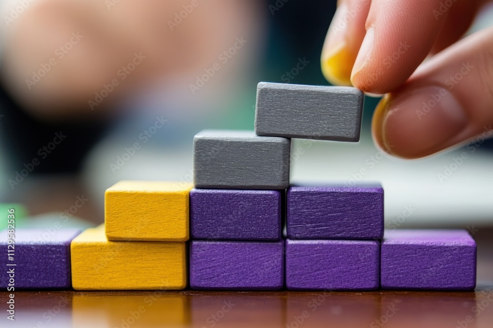 Poster Close-up of hand placing gray block atop colorful blocks forming a staircase.