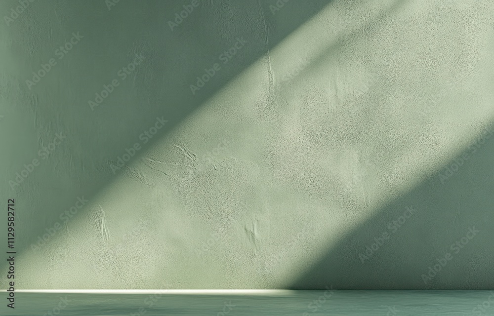 Poster light and shadow on a sage green textured wall.