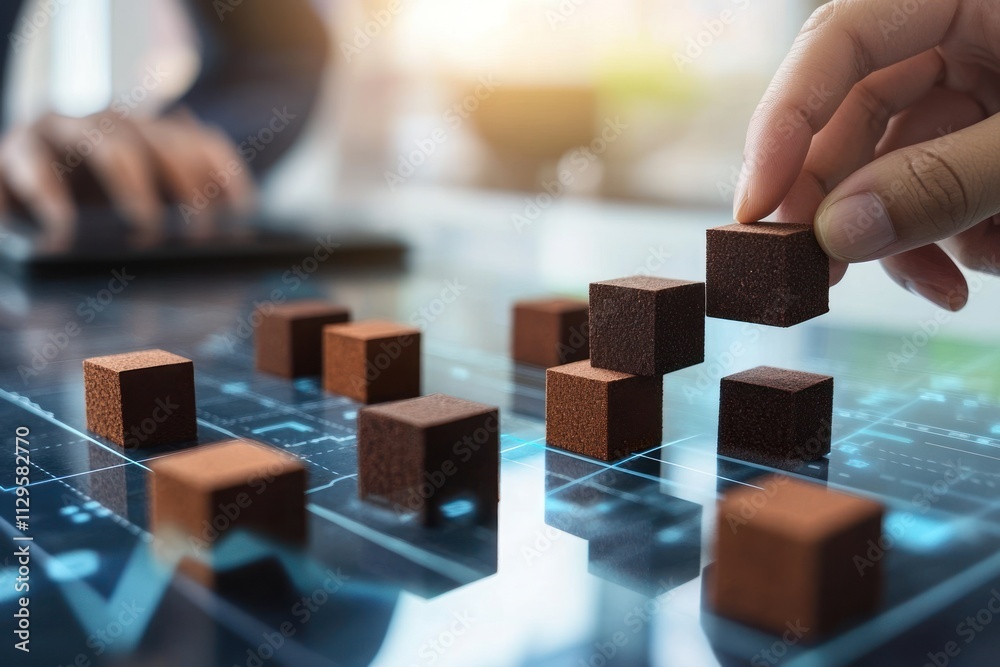 Poster hand placing wooden block on digital screen, building structure.