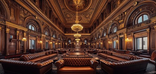 Obraz premium A large event hall featuring plush leather lounges, ornate gold-accented chandeliers, and intricate woodwork decorating the high ceilings and walls