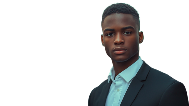 Good-looking, handsome, debonair young African-American man with smooth, deep brown skin and a confident, poised demeanor on a transparent background with room for copy