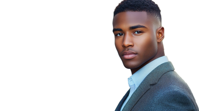 Good-looking, handsome, debonair young African-American man with smooth, deep brown skin and a confident, poised demeanor on a transparent background with room for copy