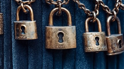 Close-up of assorted vintage locks hanging on a chain, showcasing intricate designs and textures.