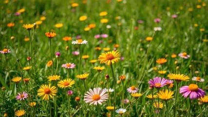 Vibrant daffodil flowers stand tall in a vast field of green grass under a clear blue sky, fresh, vibrant, wildflowers
