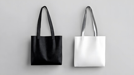 Mockups of white and black tote bags against a gray background.