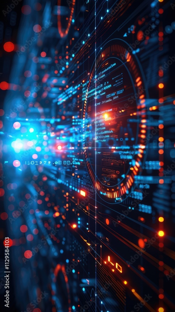 Poster abstract digital data stream with glowing lines and circles.
