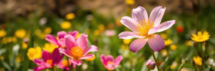 Fototapeta premium Vibrant yellow daffodil flowers blooming in a lush green field under the bright sun, outdoor, vibrant, petal