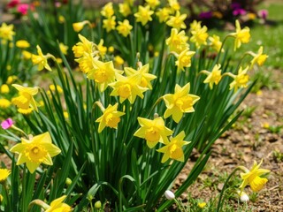 Vibrant yellow daffodil flowers blooming in a peaceful field filled with greenery, meadow, flora