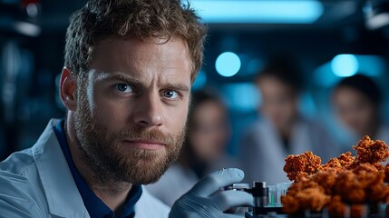 Focused Caucasian male scientist analyzing samples in a modern laboratory with colleagues in the background.