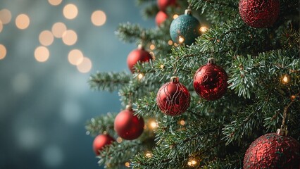 Fototapeta premium Festive Christmas tree with colorful baubles and twinkling lights for holiday promotions