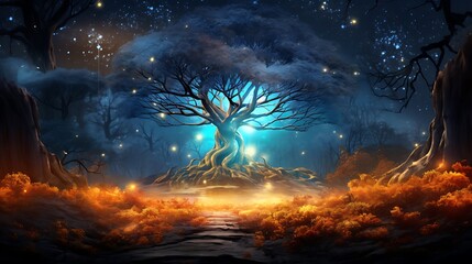 Fototapeta premium A mystical tree illuminated by ethereal lights in a dark forest.