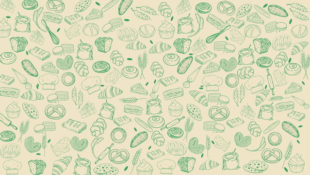 bakery pattern wallpaper or background featuring a assortment of fresh pastries and baking tools	