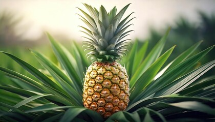 Fototapeta premium An AI-generated ripe pineapple sits on green, lush leaves in nature setting High quality pho