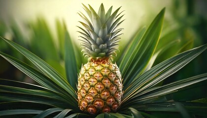 Fototapeta premium An AI-generated ripe pineapple sits on green, lush leaves in nature setting High quality pho