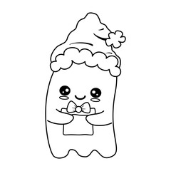 cute hand drawn black and white cartoon character baby ghost with santa claus hat and gift box funny christmas holiday vector illustration for coloring art