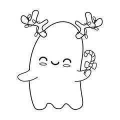 cute hand drawn cartoon character black and white baby ghost with reindeer antler and candy cane funny christmas holiday vector illustration for winter coloring art