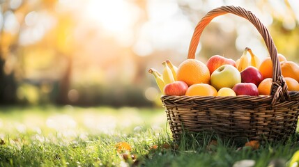 Autumn Basket Of Fresh Fruit In Grass