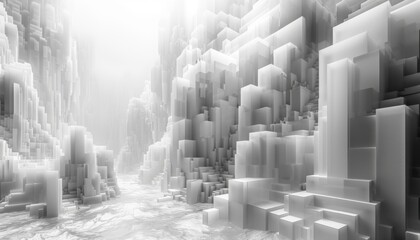 A white and gray landscape with a lot of blocks