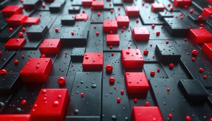 A black and red background with red squares and black squares