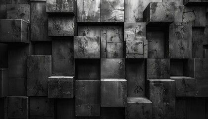 A black and white photo of a wall made of gray blocks
