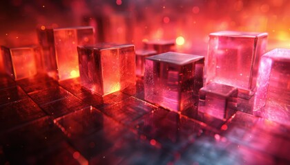 A close up of a red and black background with a bunch of cubes in various sizes