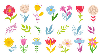 Collection of spring colorful floral elements. Set of flowers, branches leaves, foliage isolated. Hand drawn vector doodle illustration
